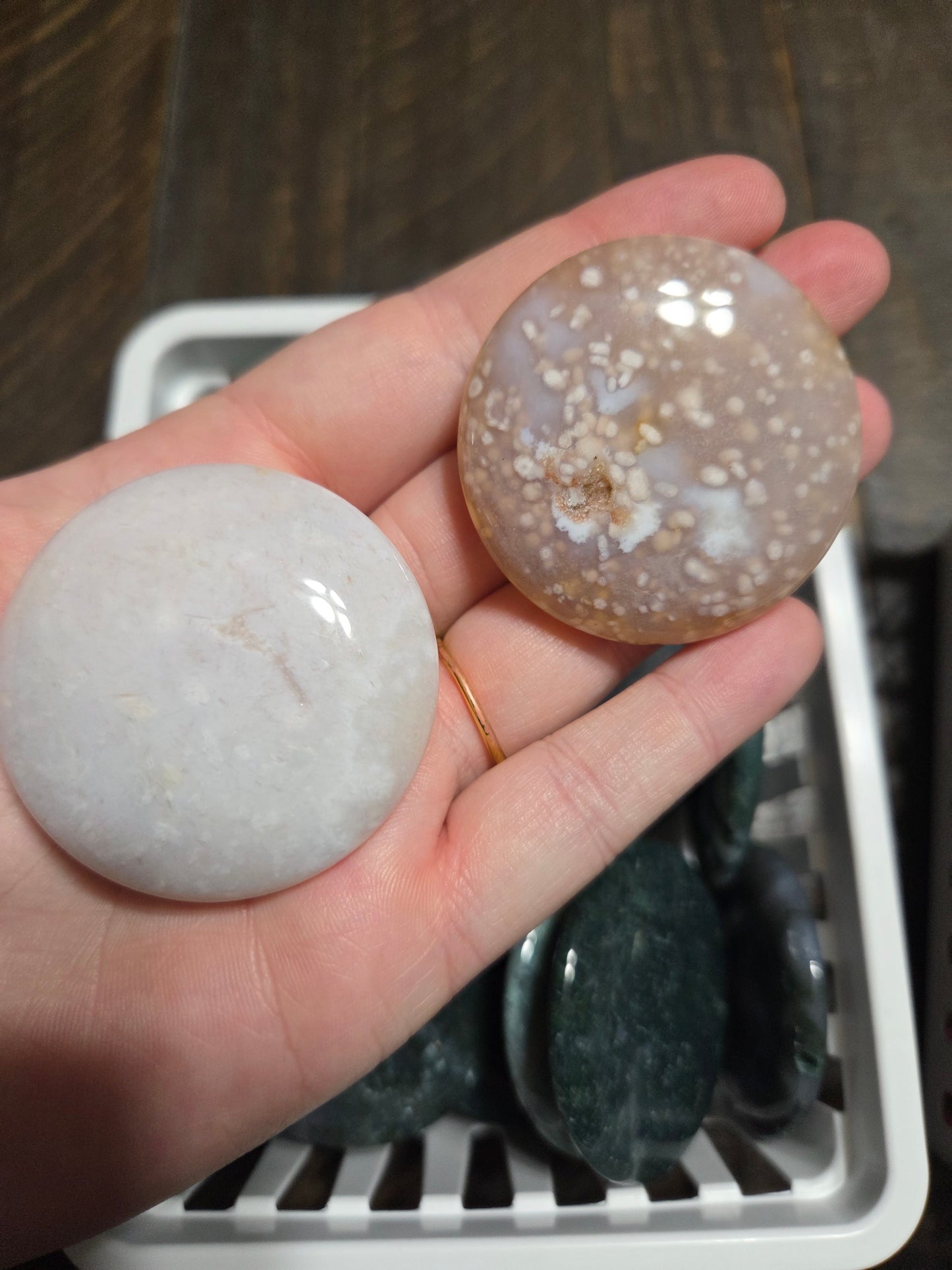 Bin of Moss agate discs